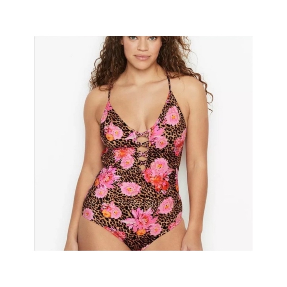 Victoria’s Secret Lace -Up Plunge One Piece Floral Leopard 💗